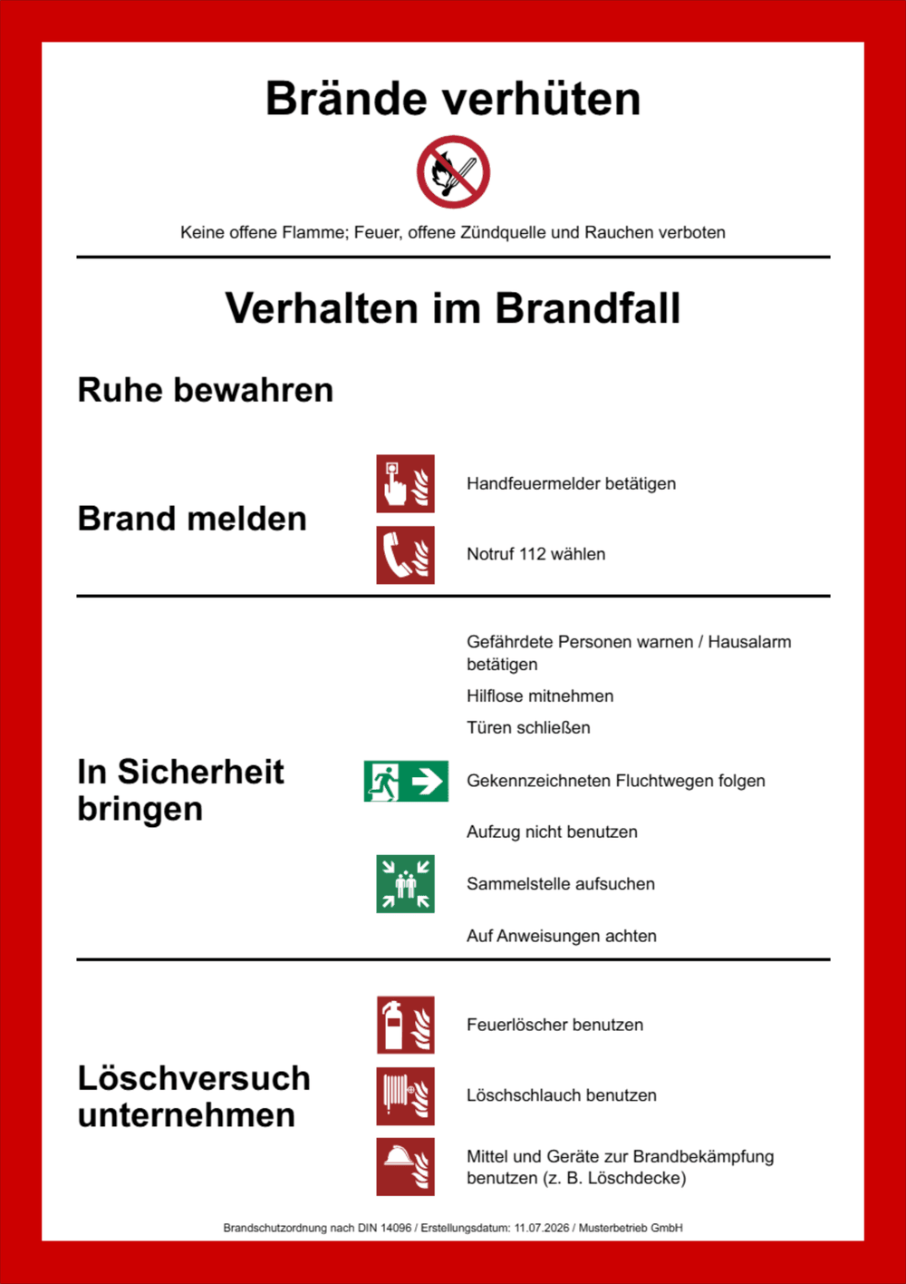 Muster des Teil-A-Aushangs „Verhalten im Brandfall“ nach DIN 14096